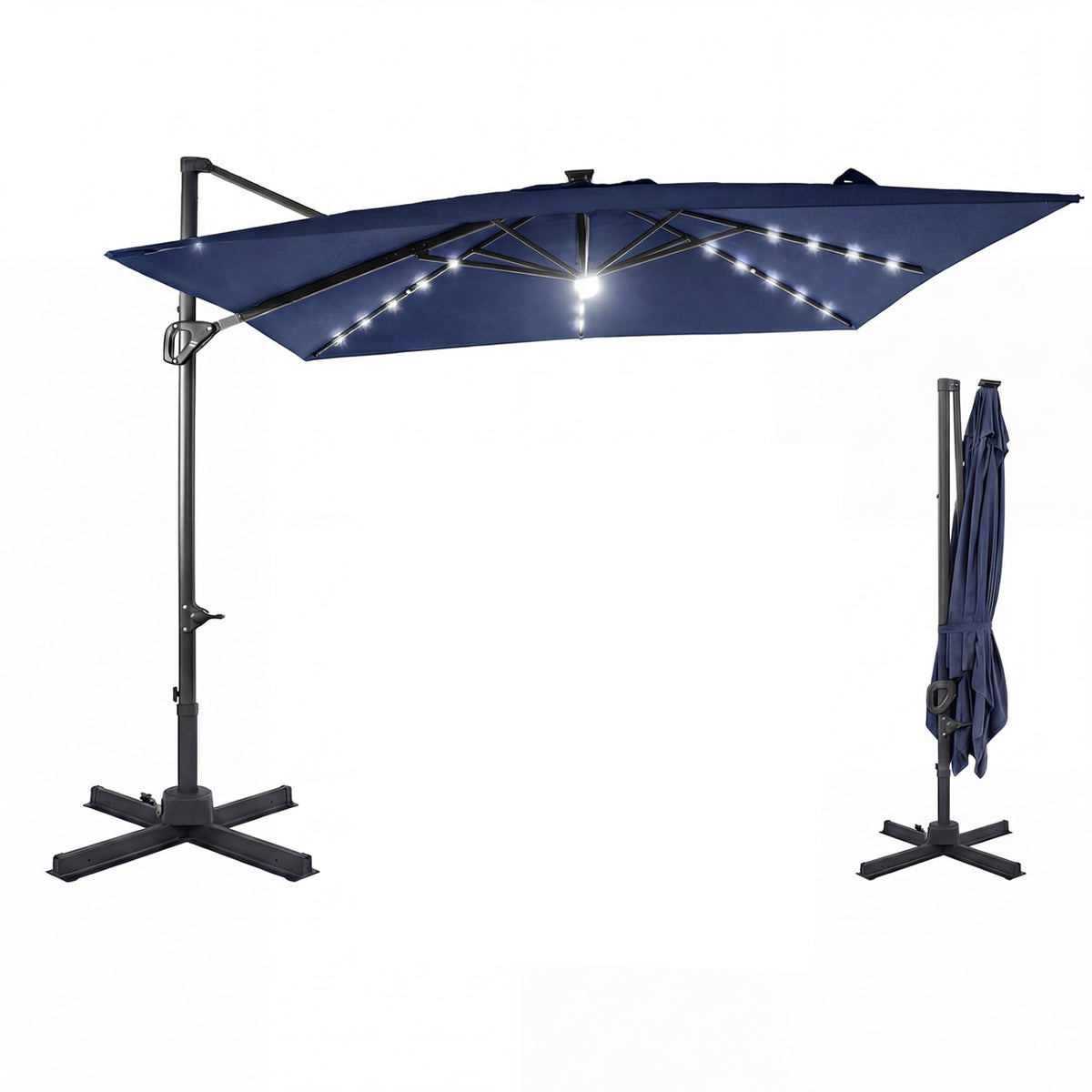 10 FT Cantilever Patio Umbrella with Solar LED Lights for Pool and Garden-Blue