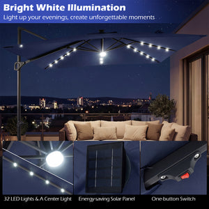10 FT Cantilever Patio Umbrella with Solar LED Lights for Pool and Garden-Blue
