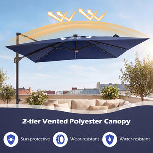 10 FT Cantilever Patio Umbrella with Solar LED Lights for Pool and Garden-Blue