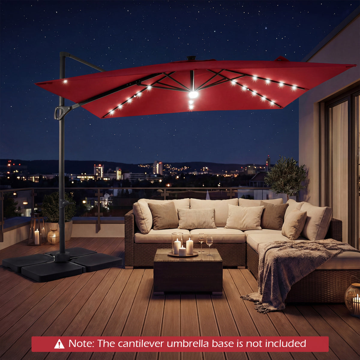 10 FT Cantilever Patio Umbrella with Solar LED Lights for Pool and Garden-Red