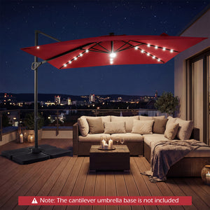 10 FT Cantilever Patio Umbrella with Solar LED Lights for Pool and Garden-Red