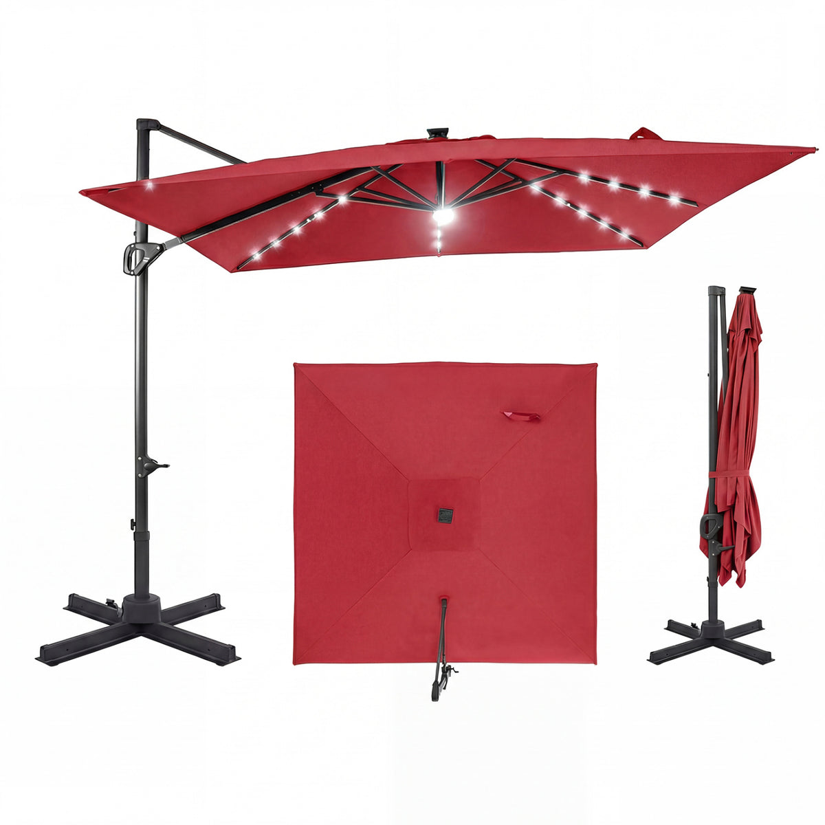 10 FT Cantilever Patio Umbrella with Solar LED Lights for Pool and Garden-Red