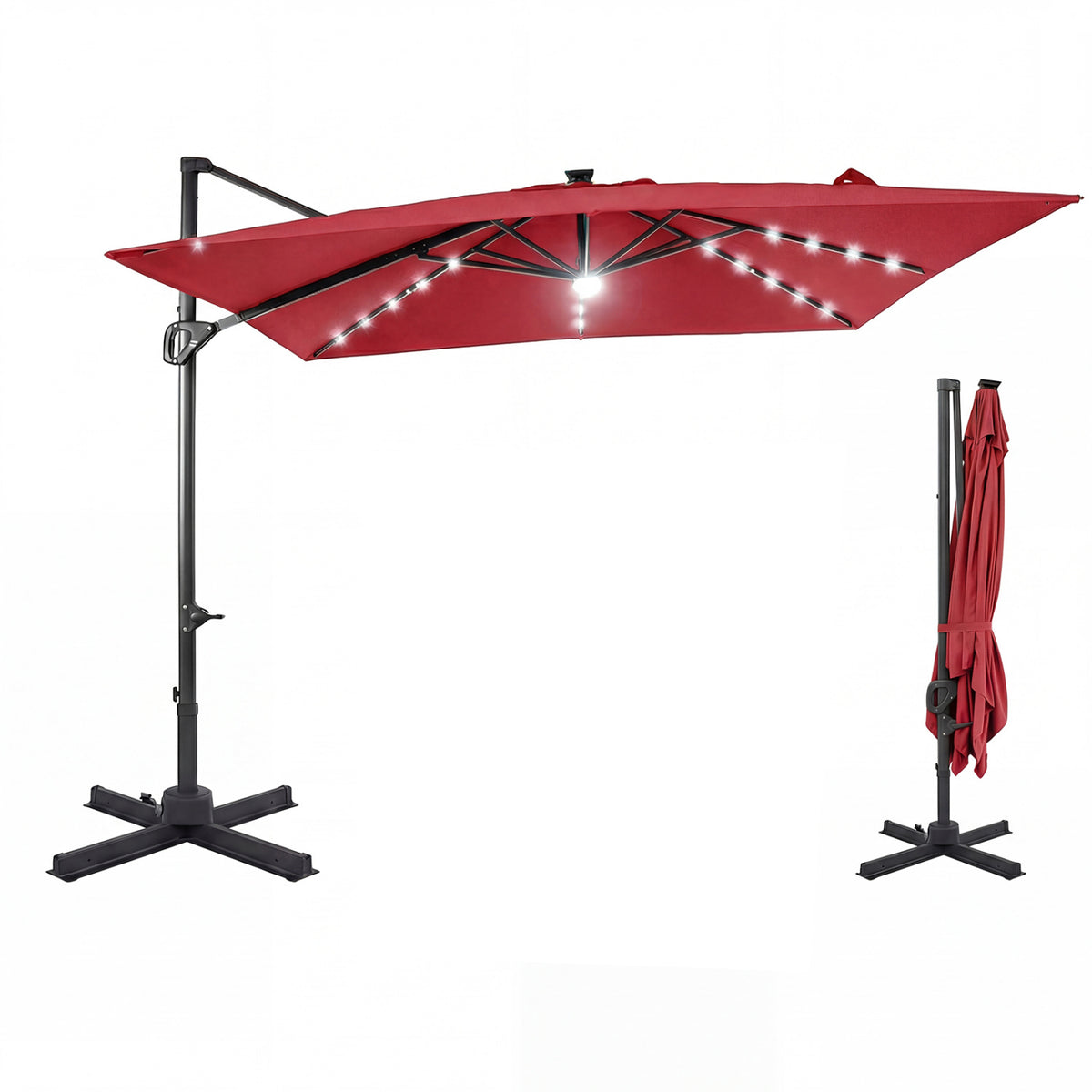 10 FT Cantilever Patio Umbrella with Solar LED Lights for Pool and Garden-Red