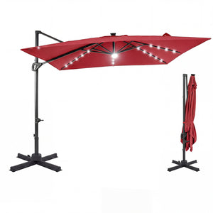 10 FT Cantilever Patio Umbrella with Solar LED Lights for Pool and Garden-Red