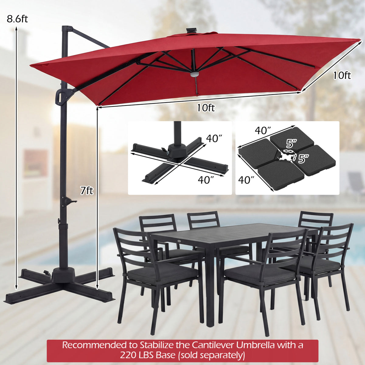 10 FT Cantilever Patio Umbrella with Solar LED Lights for Pool and Garden-Red
