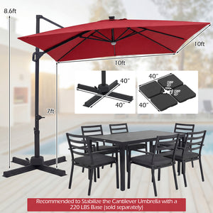 10 FT Cantilever Patio Umbrella with Solar LED Lights for Pool and Garden-Red