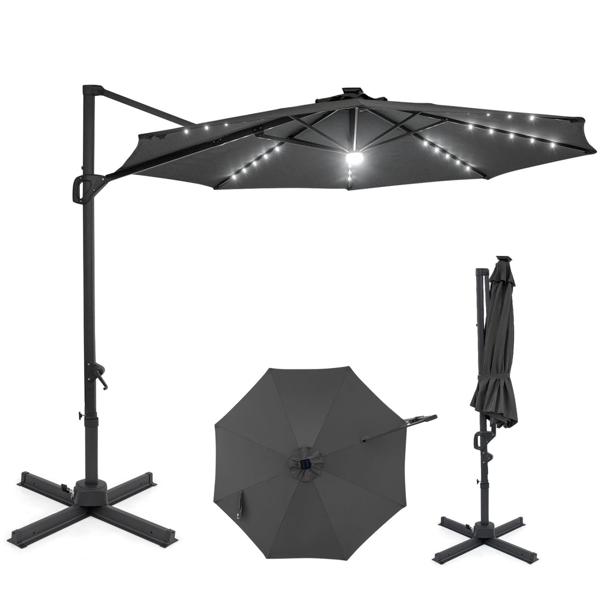 10 FT Cantilever Patio Umbrella with Solar LED Lights 360Â° Rotation-Gray