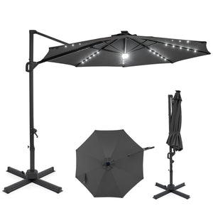 10 FT Cantilever Patio Umbrella with Solar LED Lights 360Â° Rotation-Gray