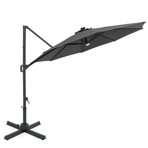 10 FT Cantilever Patio Umbrella with Solar LED Lights 360Â° Rotation-Gray