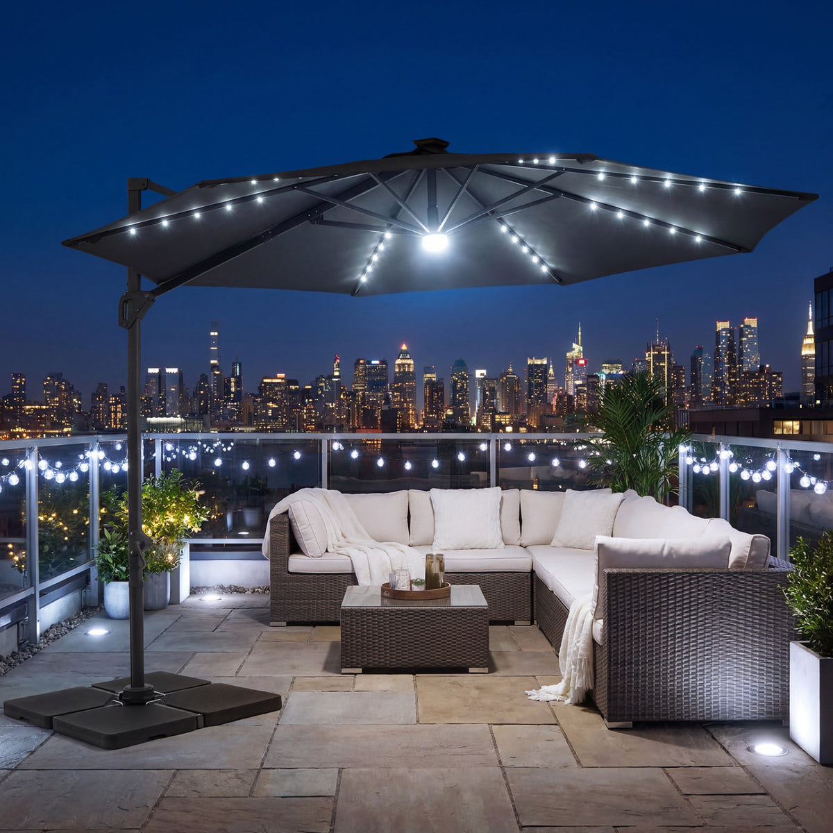 10 FT Cantilever Patio Umbrella with Solar LED Lights 360Â° Rotation-Gray