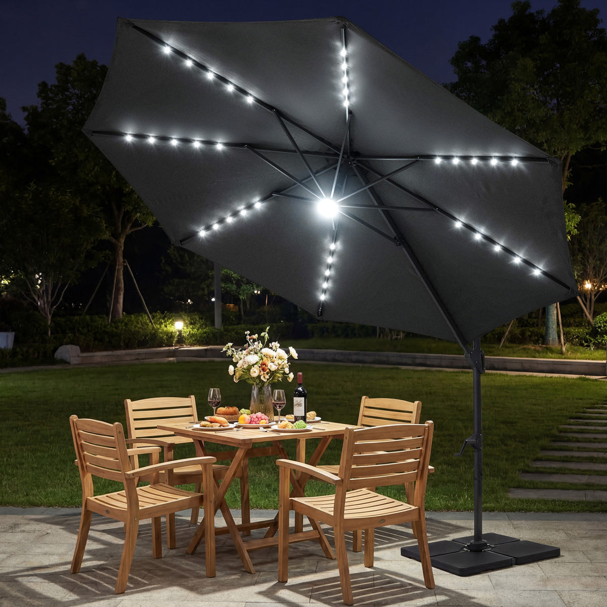 10 FT Cantilever Patio Umbrella with Solar LED Lights 360Â° Rotation-Gray
