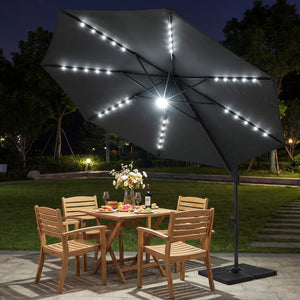 10 FT Cantilever Patio Umbrella with Solar LED Lights 360Â° Rotation-Gray