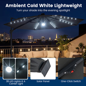 10 FT Cantilever Patio Umbrella with Solar LED Lights 360Â° Rotation-Gray