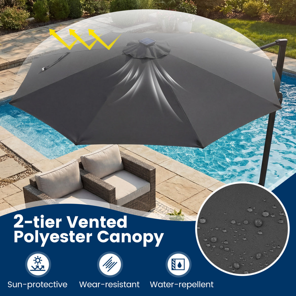 10 FT Cantilever Patio Umbrella with Solar LED Lights 360Â° Rotation-Gray