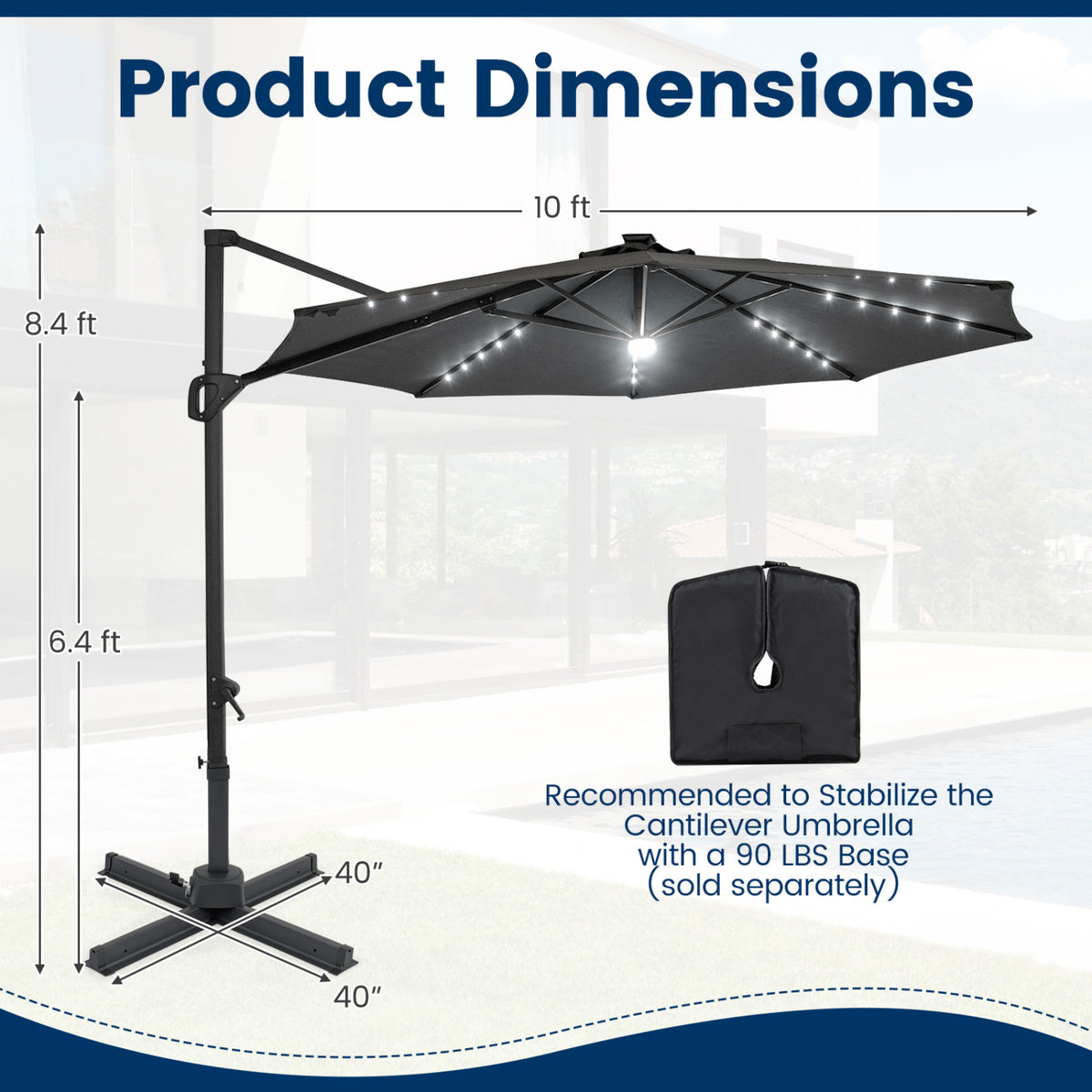 10 FT Cantilever Patio Umbrella with Solar LED Lights 360Â° Rotation-Gray