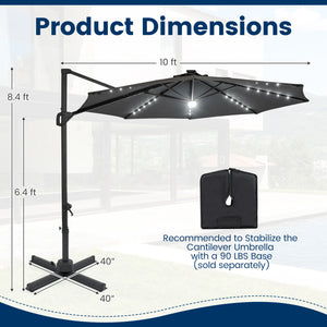 10 FT Cantilever Patio Umbrella with Solar LED Lights 360Â° Rotation-Gray