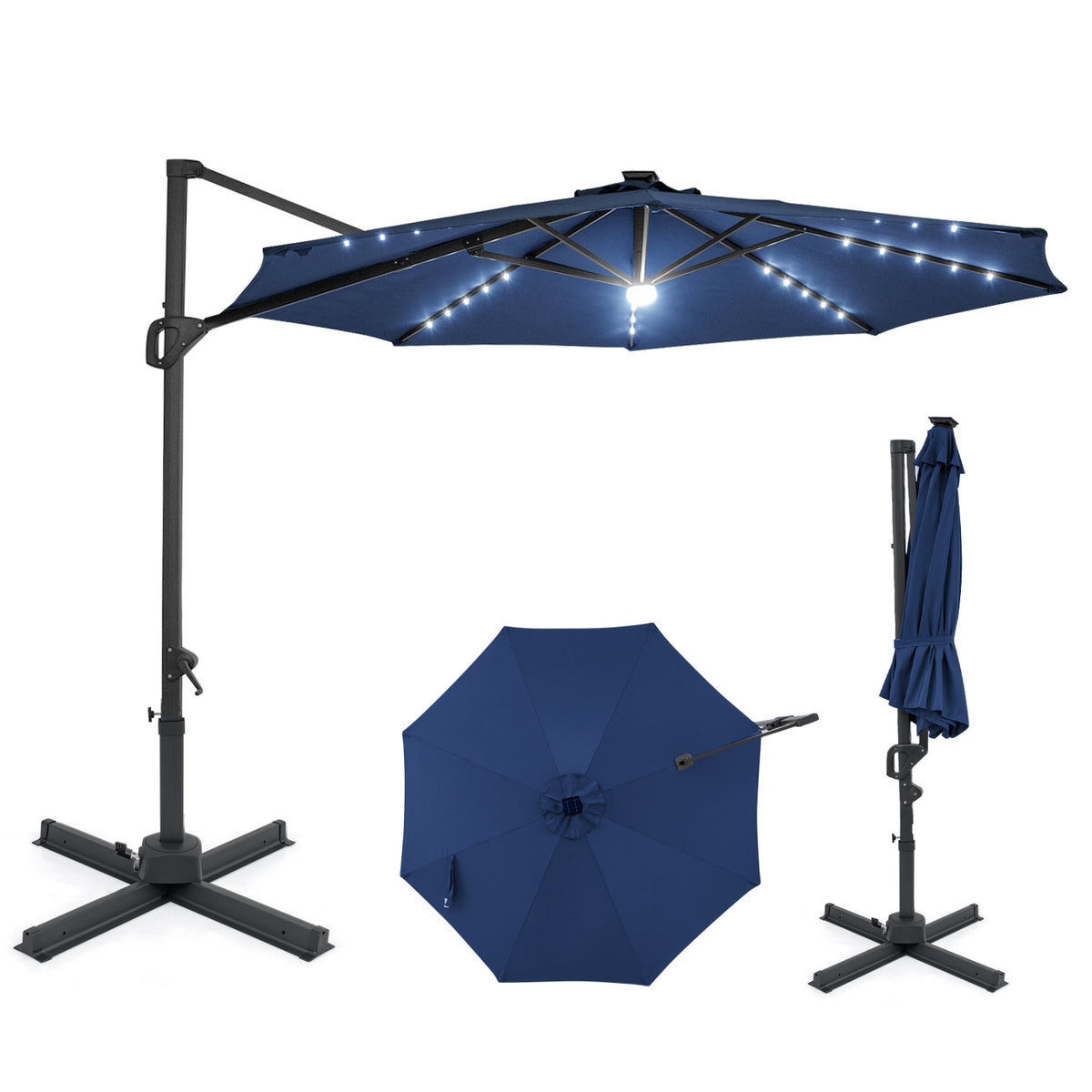 10 FT Cantilever Patio Umbrella with Solar LED Lights 360Â° Rotation-Navy