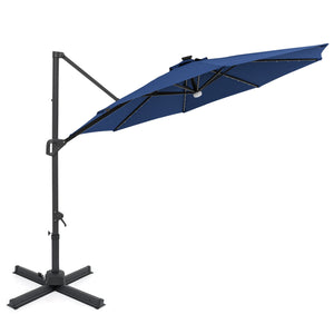 10 FT Cantilever Patio Umbrella with Solar LED Lights 360Â° Rotation-Navy