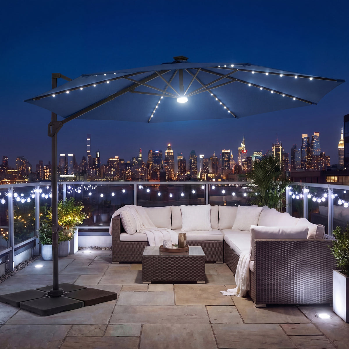 10 FT Cantilever Patio Umbrella with Solar LED Lights 360Â° Rotation-Navy