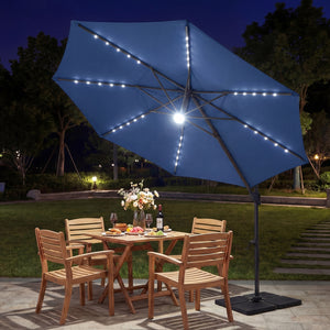 10 FT Cantilever Patio Umbrella with Solar LED Lights 360Â° Rotation-Navy
