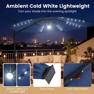 10 FT Cantilever Patio Umbrella with Solar LED Lights 360Â° Rotation-Navy