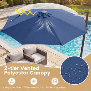 10 FT Cantilever Patio Umbrella with Solar LED Lights 360Â° Rotation-Navy