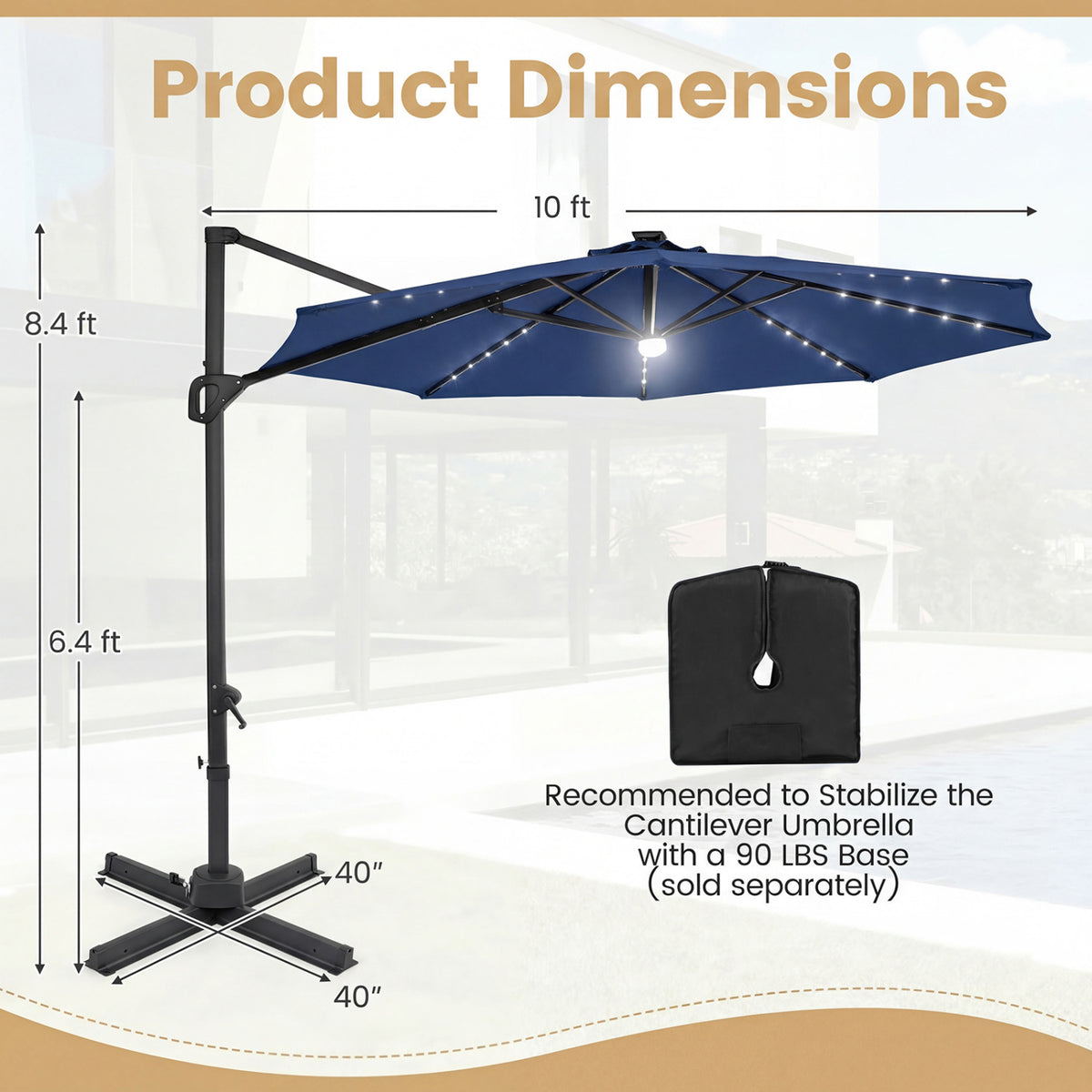 10 FT Cantilever Patio Umbrella with Solar LED Lights 360Â° Rotation-Navy