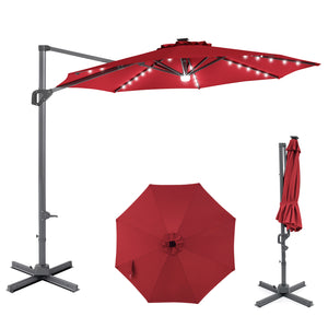 10 FT Cantilever Patio Umbrella with Solar LED Lights 360Â° Rotation-Wine