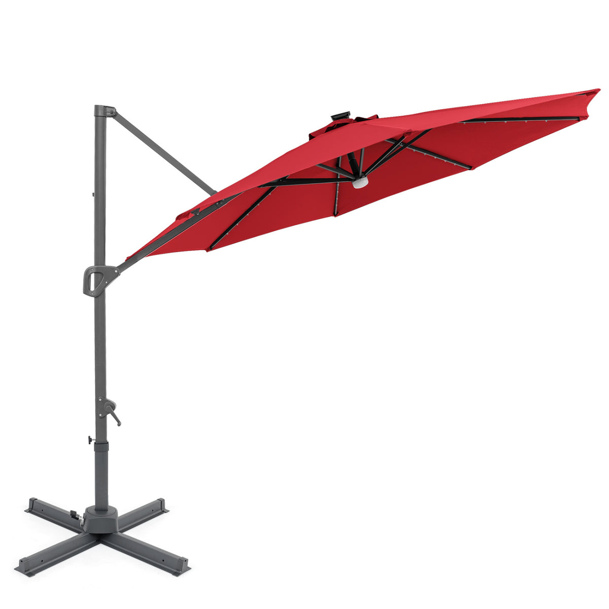 10 FT Cantilever Patio Umbrella with Solar LED Lights 360Â° Rotation-Wine