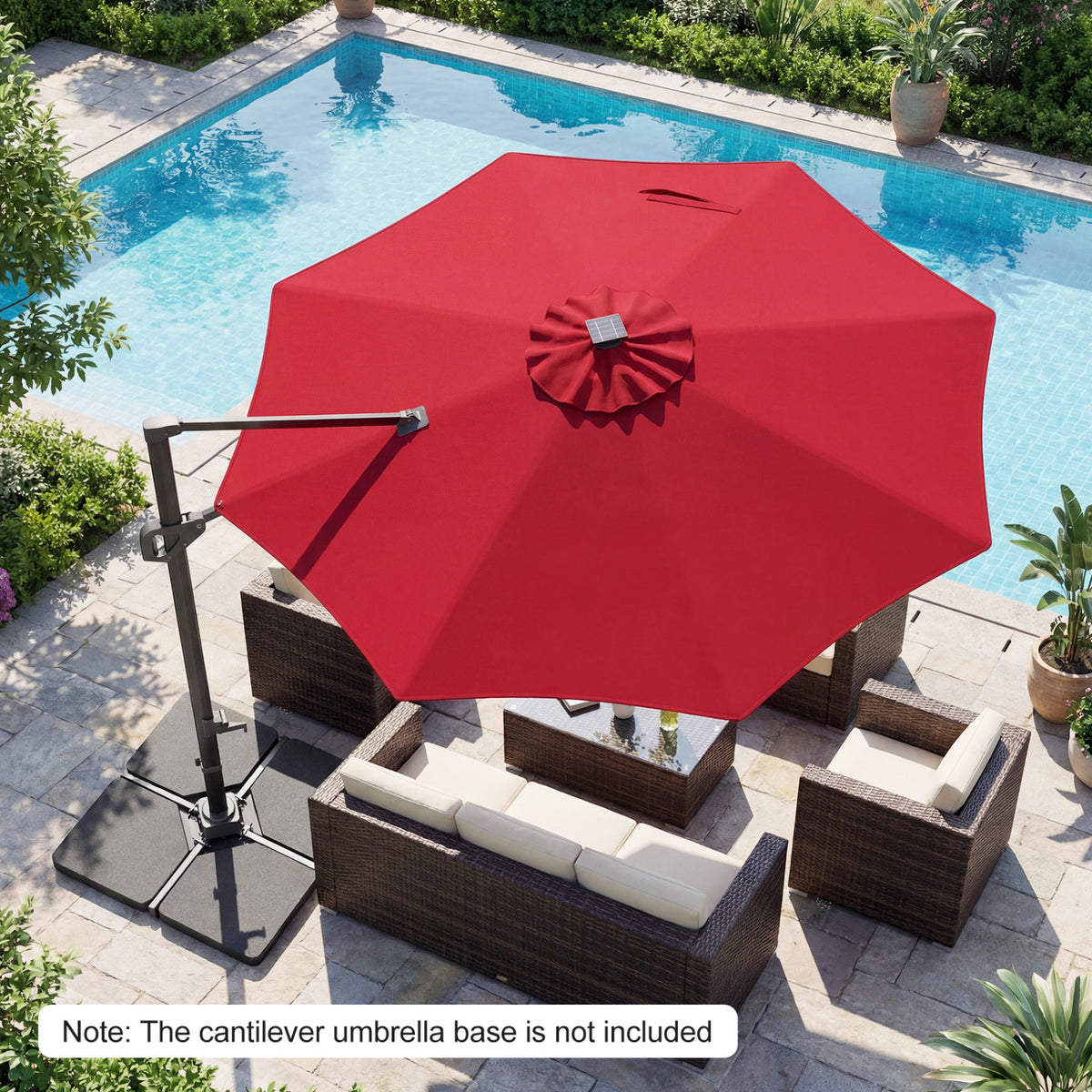10 FT Cantilever Patio Umbrella with Solar LED Lights 360Â° Rotation-Wine