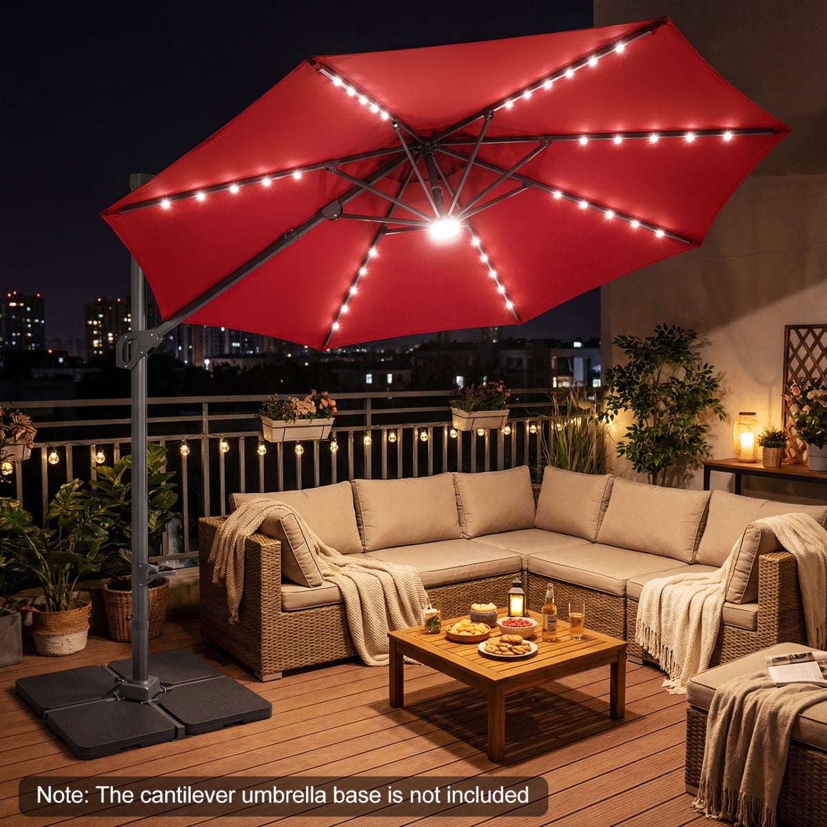 10 FT Cantilever Patio Umbrella with Solar LED Lights 360Â° Rotation-Wine