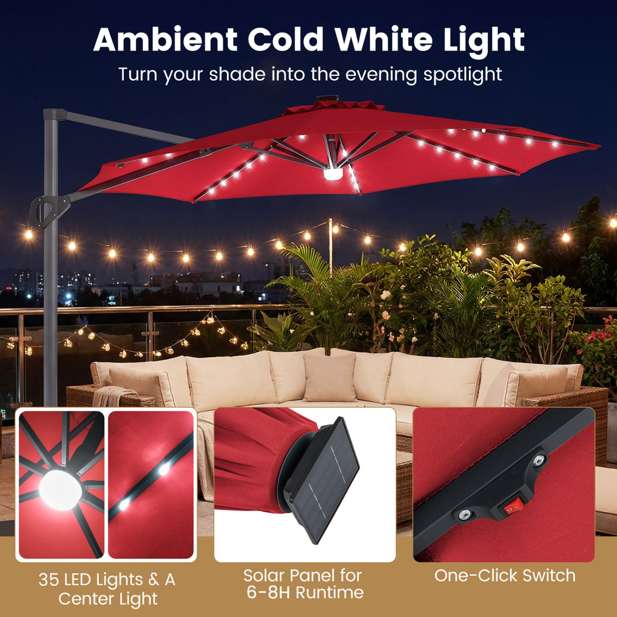 10 FT Cantilever Patio Umbrella with Solar LED Lights 360Â° Rotation-Wine