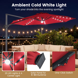10 FT Cantilever Patio Umbrella with Solar LED Lights 360Â° Rotation-Wine