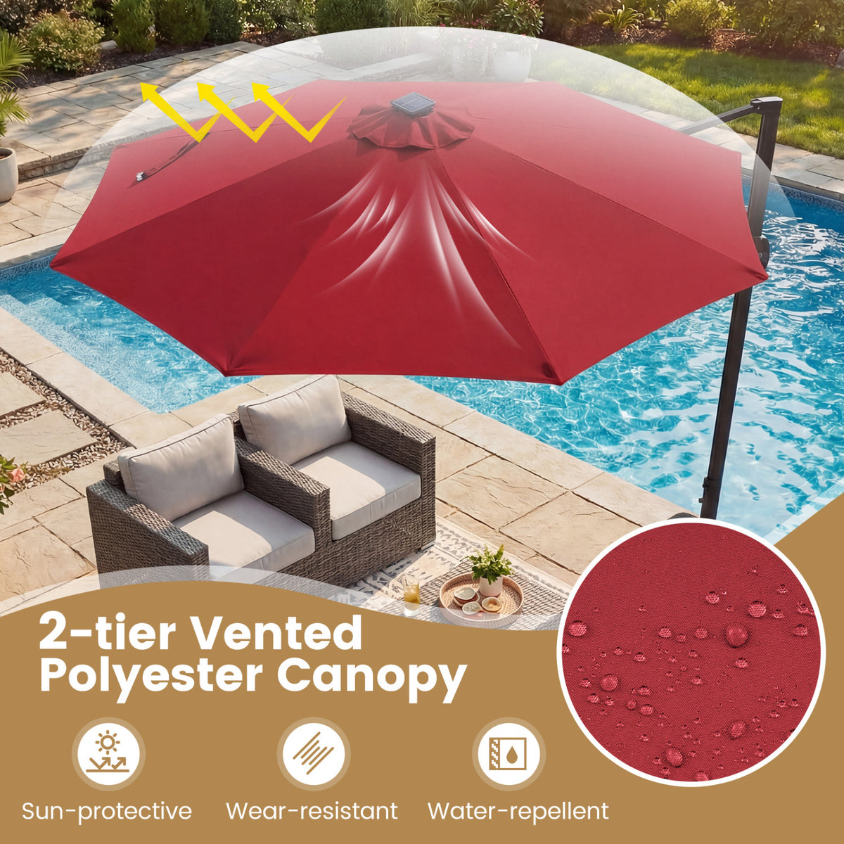 10 FT Cantilever Patio Umbrella with Solar LED Lights 360Â° Rotation-Wine