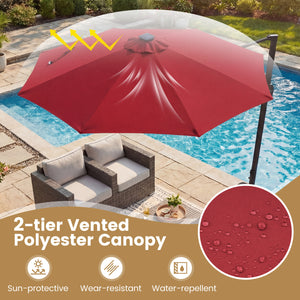 10 FT Cantilever Patio Umbrella with Solar LED Lights 360Â° Rotation-Wine