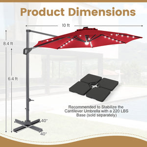 10 FT Cantilever Patio Umbrella with Solar LED Lights 360Â° Rotation-Wine