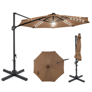 10 FT Cantilever Patio Umbrella with Solar LED Lights 360Â° Rotation-Brown
