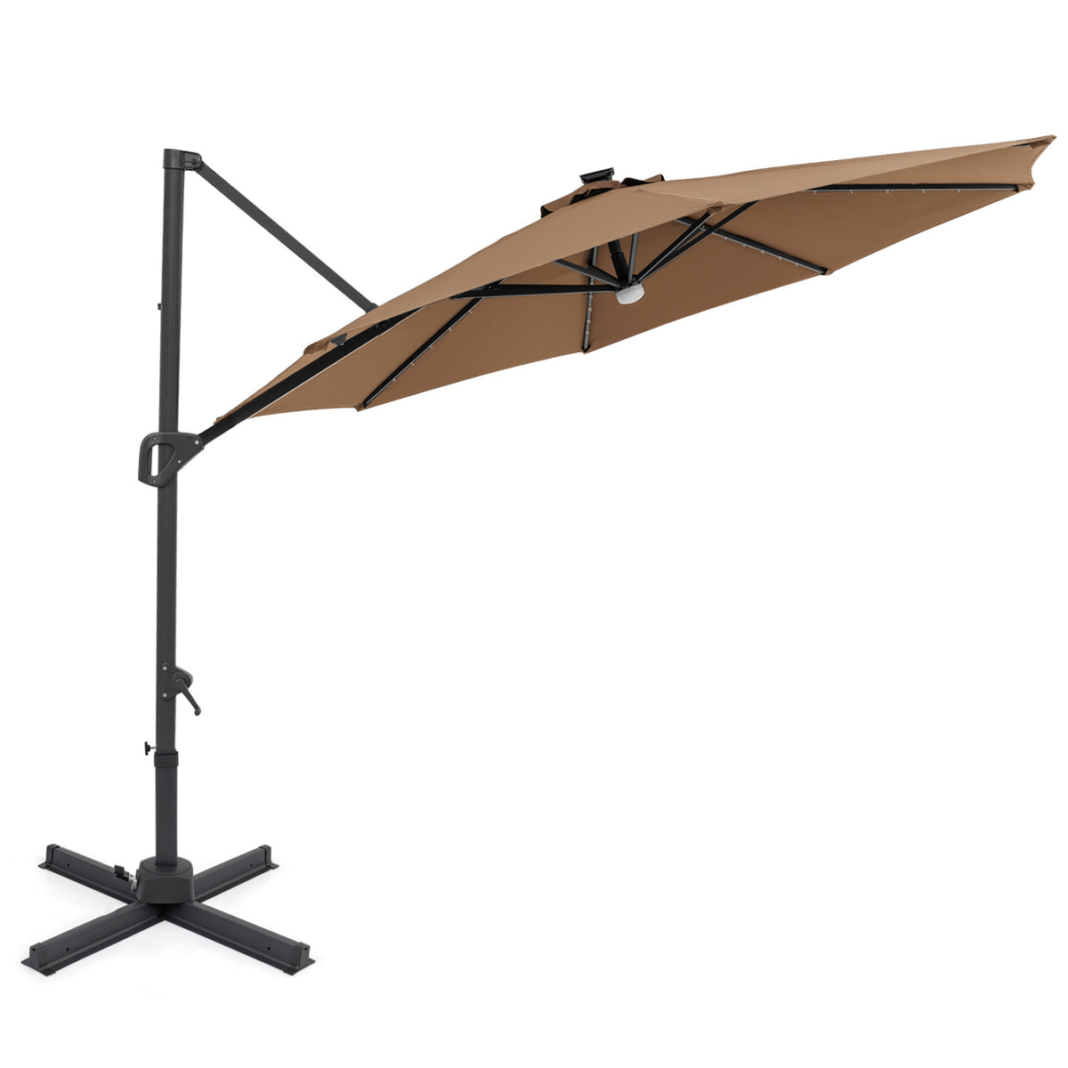 10 FT Cantilever Patio Umbrella with Solar LED Lights 360Â° Rotation-Brown
