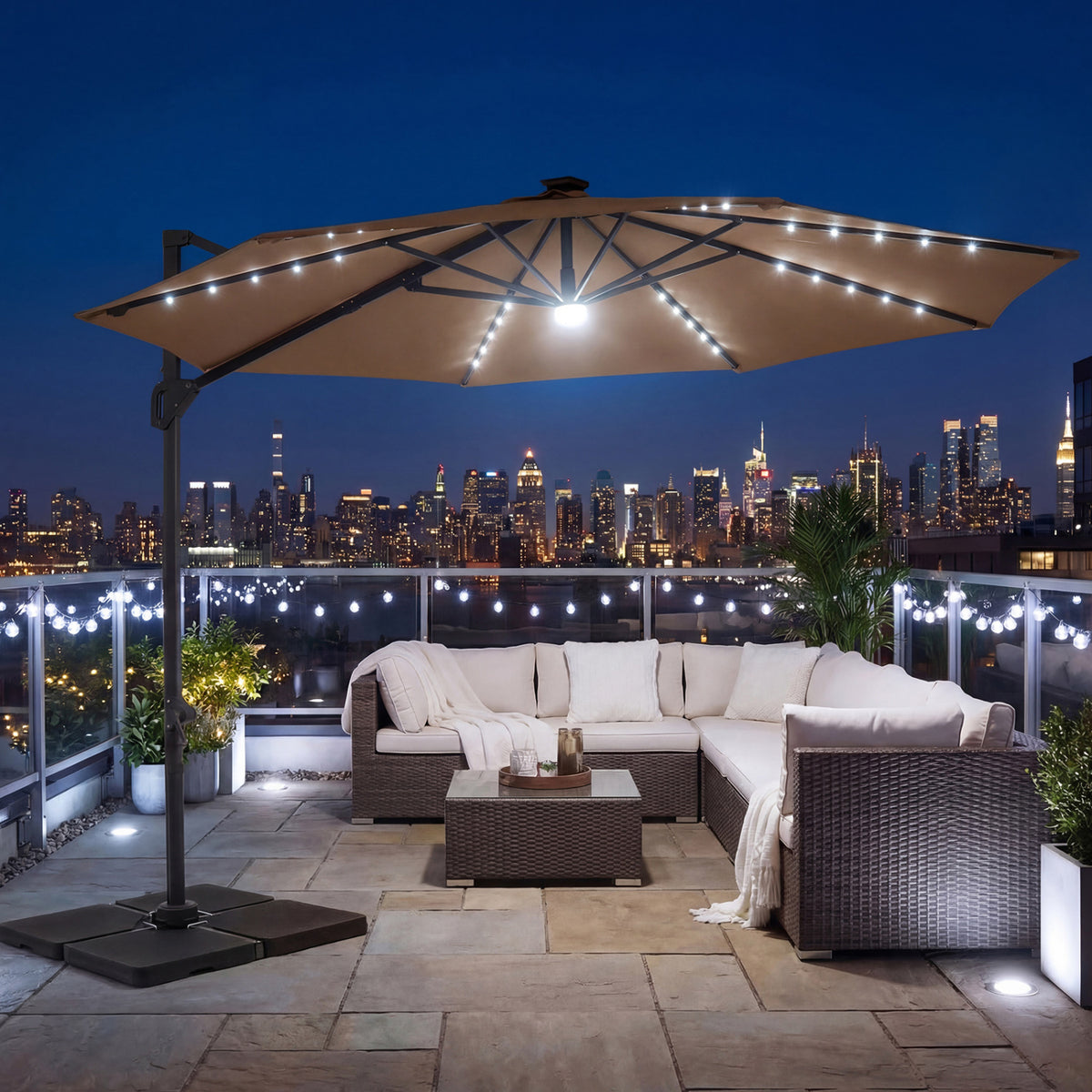10 FT Cantilever Patio Umbrella with Solar LED Lights 360Â° Rotation-Brown