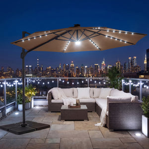 10 FT Cantilever Patio Umbrella with Solar LED Lights 360Â° Rotation-Brown