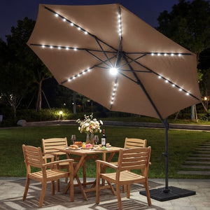 10 FT Cantilever Patio Umbrella with Solar LED Lights 360Â° Rotation-Brown