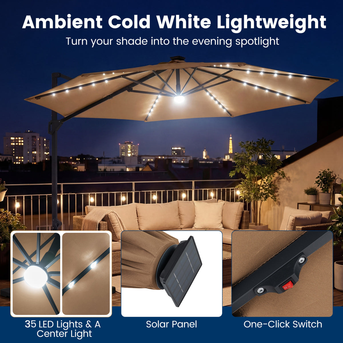 10 FT Cantilever Patio Umbrella with Solar LED Lights 360Â° Rotation-Brown