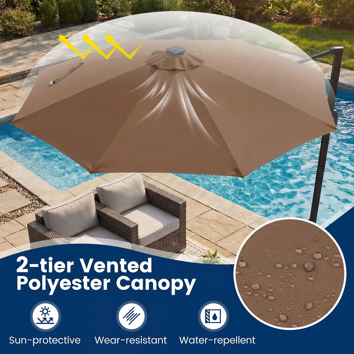 10 FT Cantilever Patio Umbrella with Solar LED Lights 360Â° Rotation-Brown