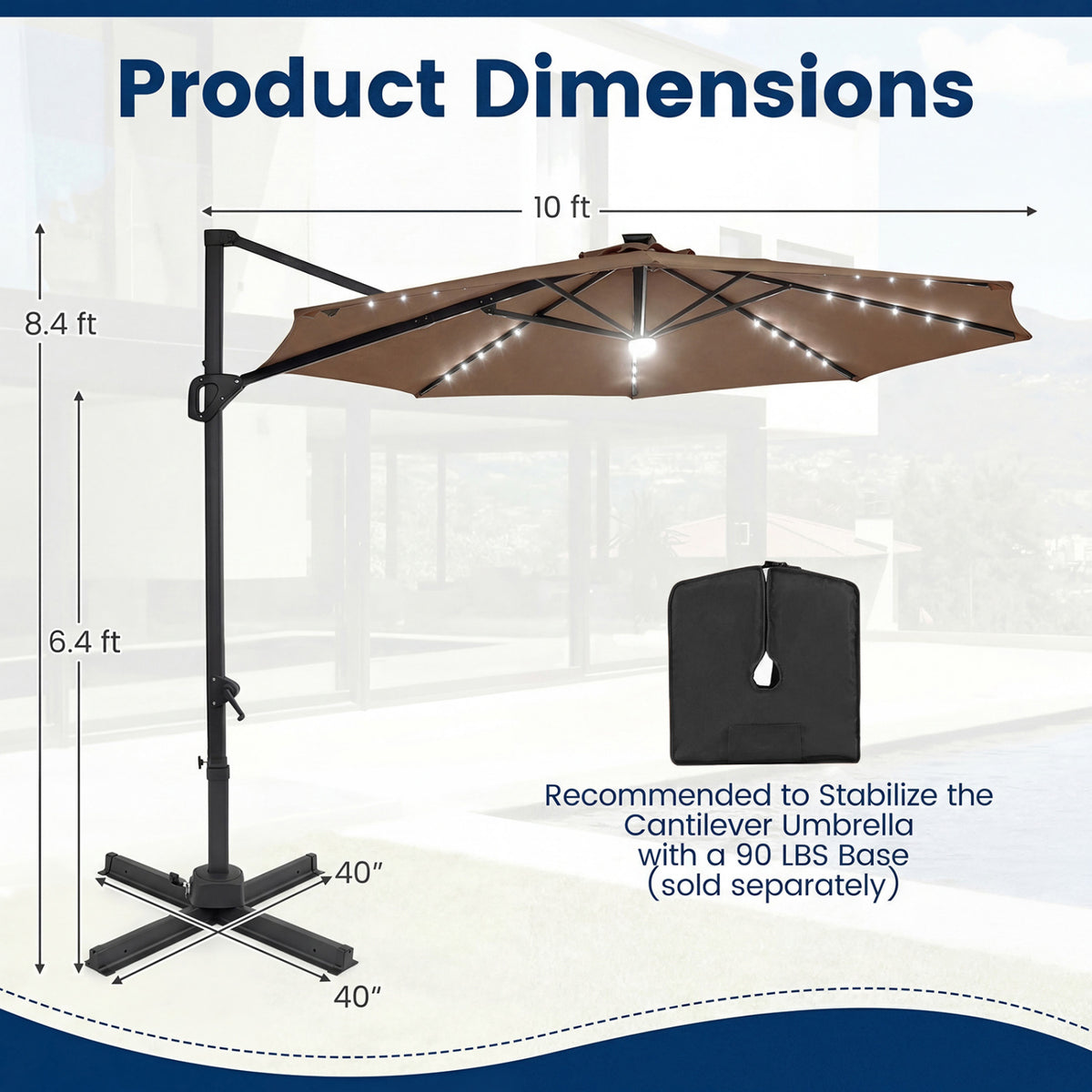 10 FT Cantilever Patio Umbrella with Solar LED Lights 360Â° Rotation-Brown