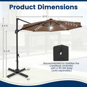 10 FT Cantilever Patio Umbrella with Solar LED Lights 360Â° Rotation-Brown