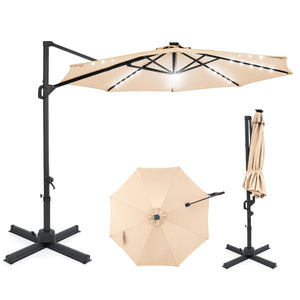 10 FT Cantilever Patio Umbrella with Solar LED Lights 360Â° Rotation-Beige