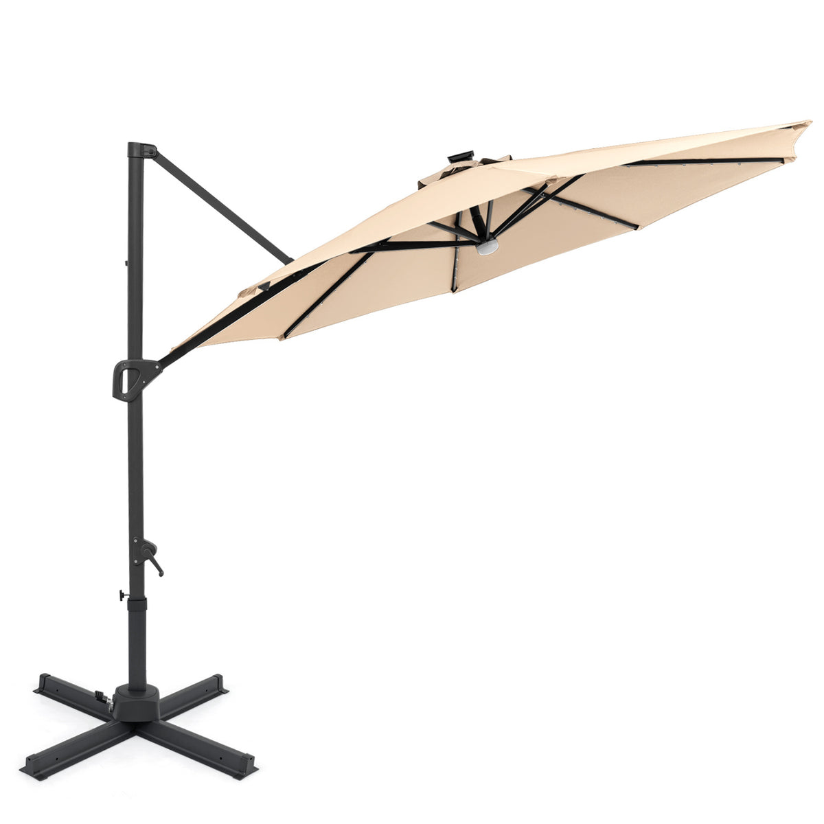 10 FT Cantilever Patio Umbrella with Solar LED Lights 360Â° Rotation-Beige