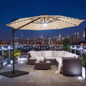 10 FT Cantilever Patio Umbrella with Solar LED Lights 360Â° Rotation-Beige
