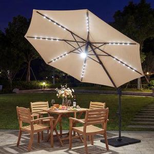 10 FT Cantilever Patio Umbrella with Solar LED Lights 360Â° Rotation-Beige