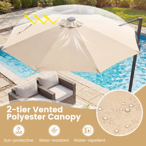 10 FT Cantilever Patio Umbrella with Solar LED Lights 360Â° Rotation-Beige